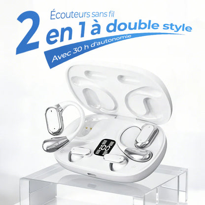 Écouteurs sans fil 2 en 1 à double style avec 30 h d'autonomie